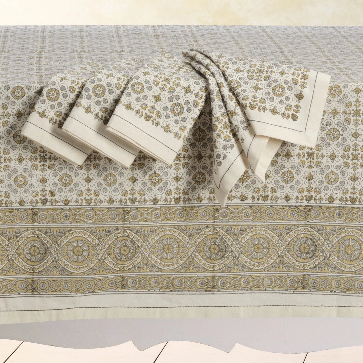 Lily Hand Block Printed Cotton Tablecloth